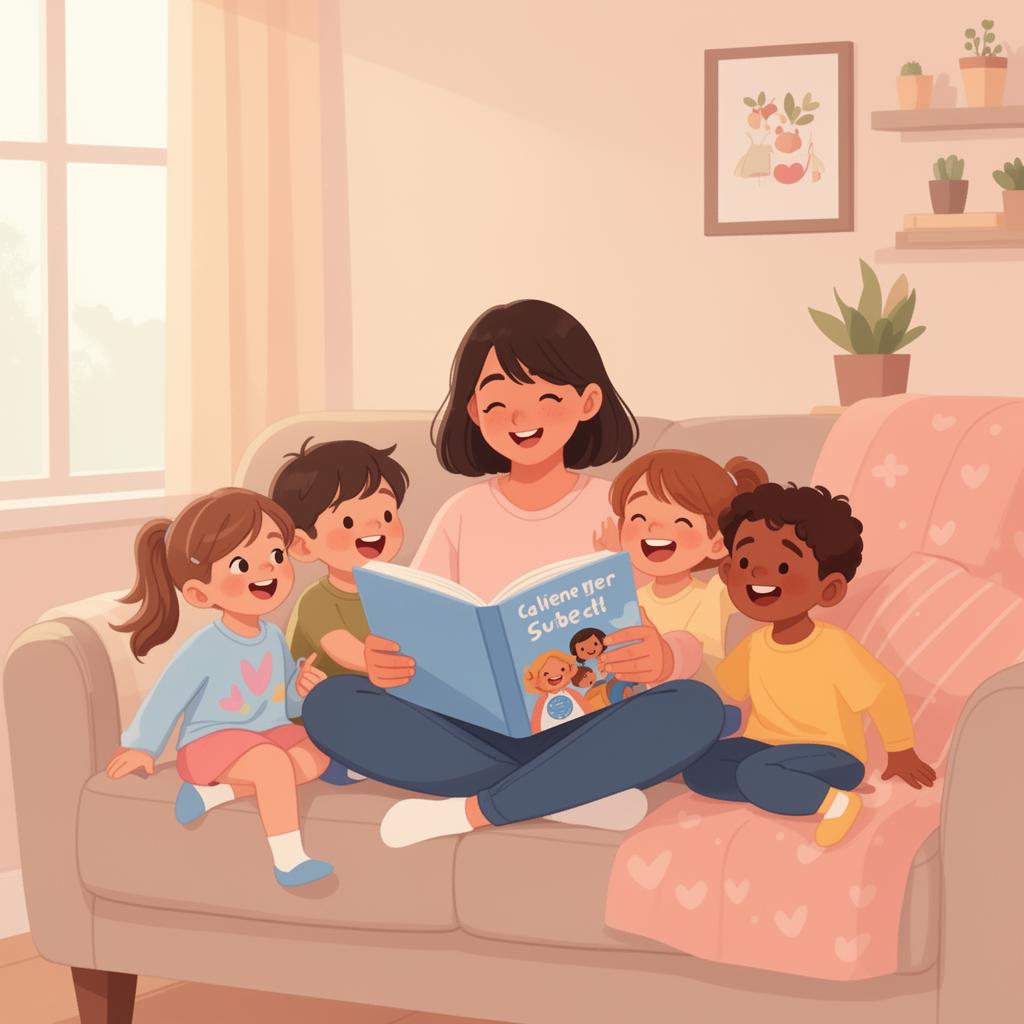 Babysitter reading to happy children on a cozy couch